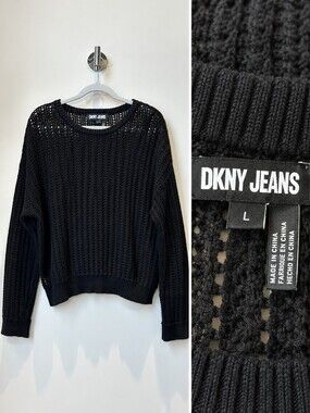 DKNY Jeans Black Open Knit Crochet Sweater Cotton Long Sleeve Size L